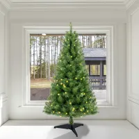 4ft pre-lit artificial Christmas tree. Stand included. 100 warm white LEDs. 241 realistic PVC branch tips. Green Norwood spruce. Easy assembly. Indoor home use.