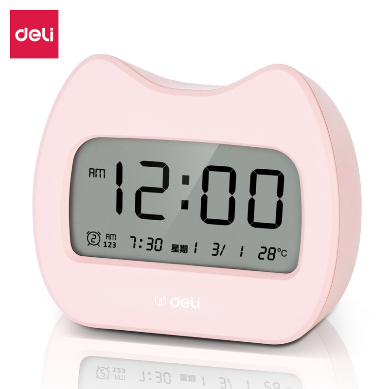 得力LE101-GN萌宠闹钟电子闹钟学生专用起床神器智能时钟多功能