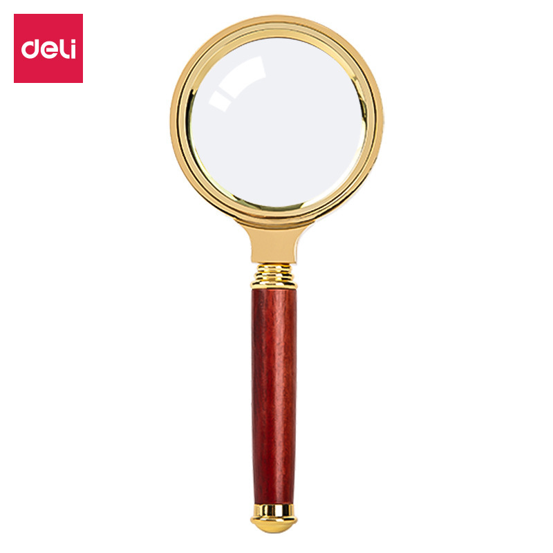 得力文具 9095金属放大镜 老人阅读全铜边红木手柄5倍放大镜50mm