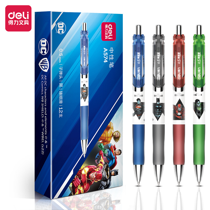 得力A574正义联盟中性笔0.5mm按动子弹头(黑)直液式走珠笔考试笔