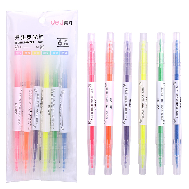 得力 双头荧光笔6色斜头细头重点标记学生手账彩色记号笔套装批发