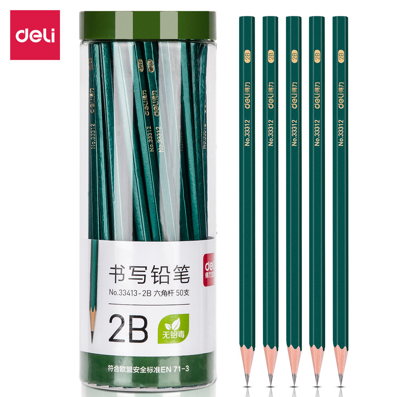 Deli 33413-2B Pencil 50 Barrel Packed Green Rod HB Pencil Beginner Writing Pen Primary School Exam Pencil