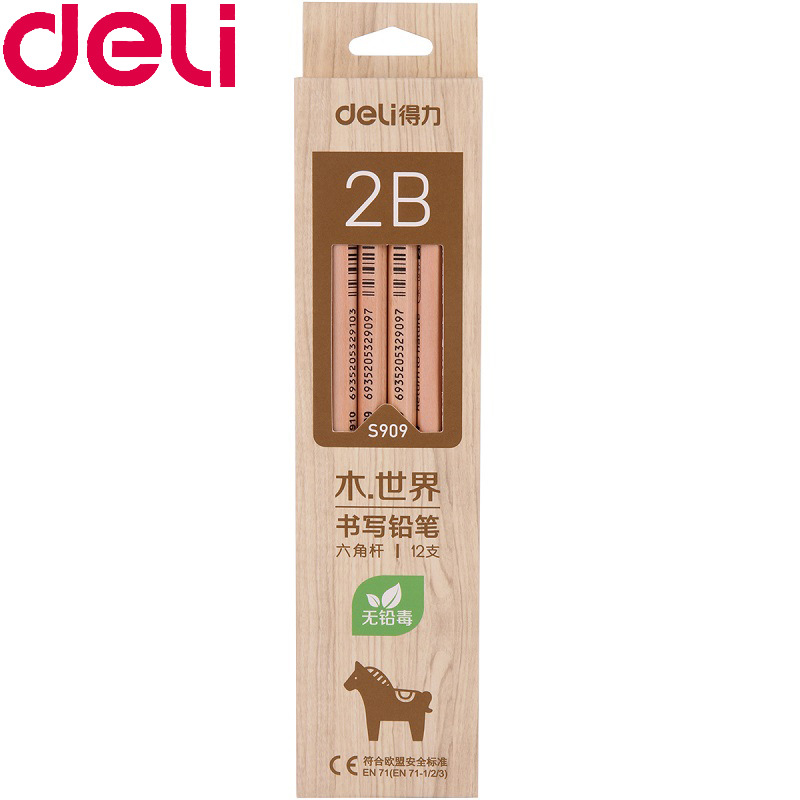 得力S909木世界原木铅笔 2B盒装 六角杆 原木安全铅笔 12支装