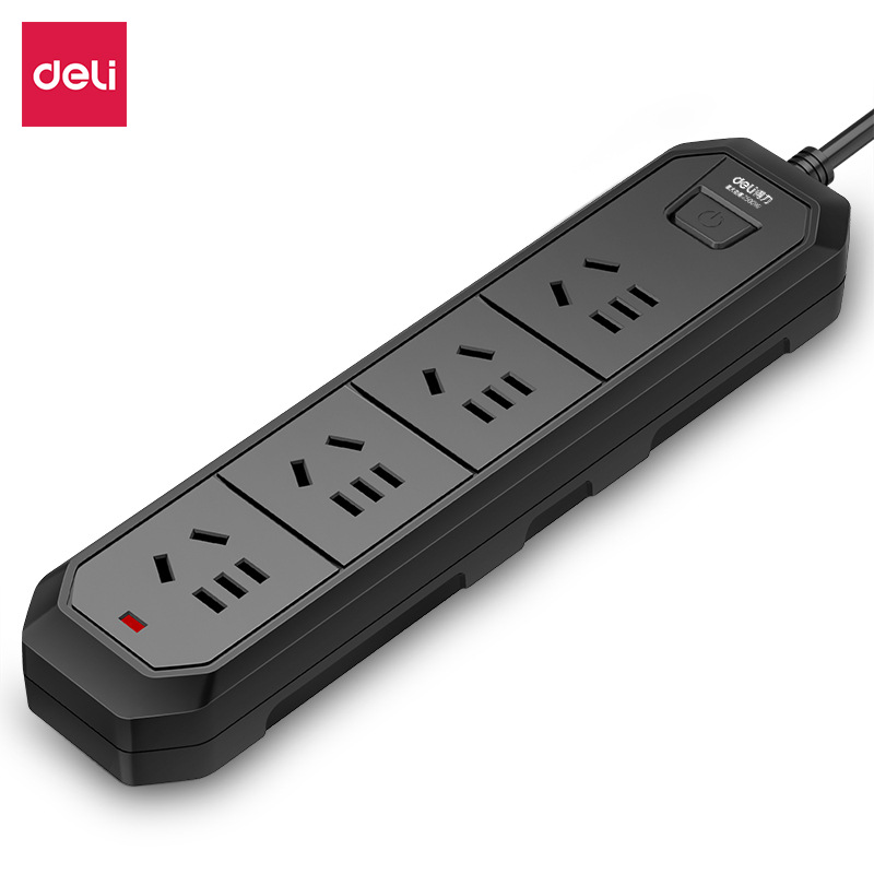 得力18334延长线2m插座 日常家用多孔插排一键总控防误触安全插板