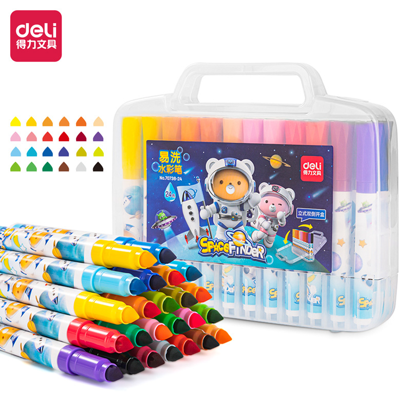 得力水彩笔 大容量易洗12色绘画24色涂鸦画笔 36色美术创作彩色笔