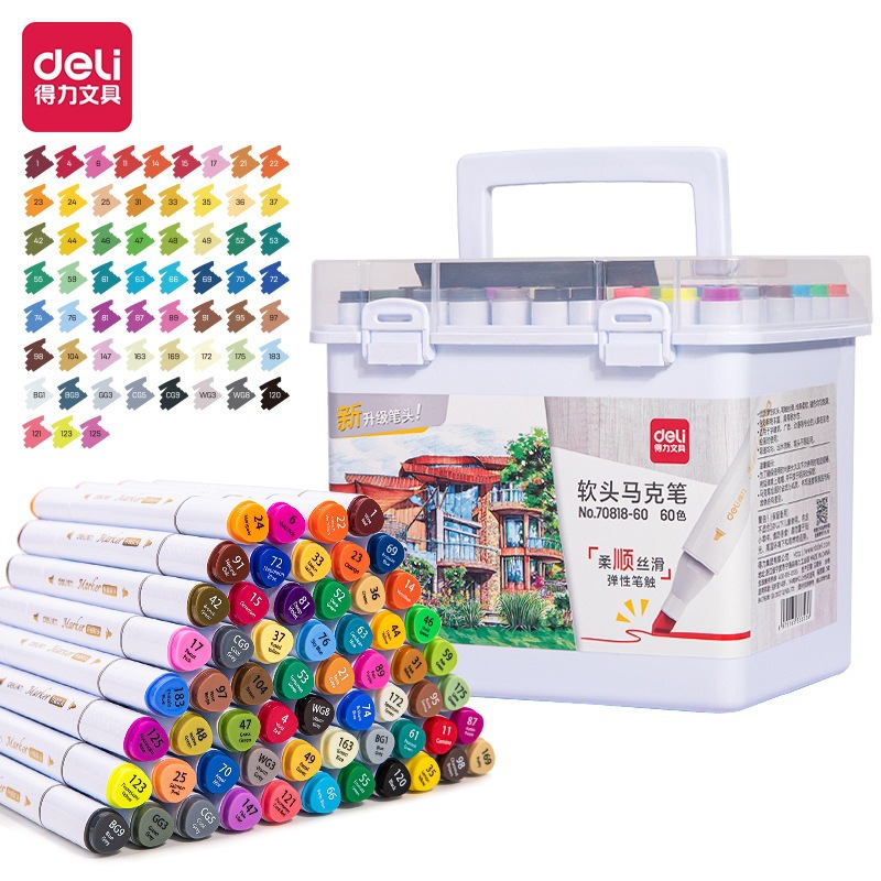 Deli 70818-24 colors, 36 colors, 48 colors, 60 colors PP barreled alcohol based tripod soft headed marker pen