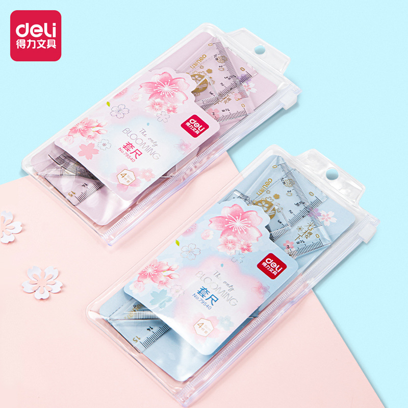 Deli 79540 Light Sakura 15cm Student Set Ruler Four Piece Set Ruler Triangle Angle Measuring Set Wholesale