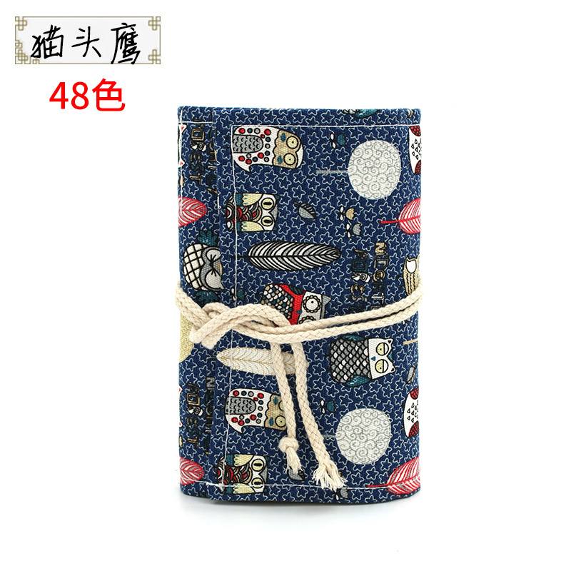 48色可擦卷帘彩铅套装帆布笔帘复古卡通三角杆送橡皮卷笔刀定制