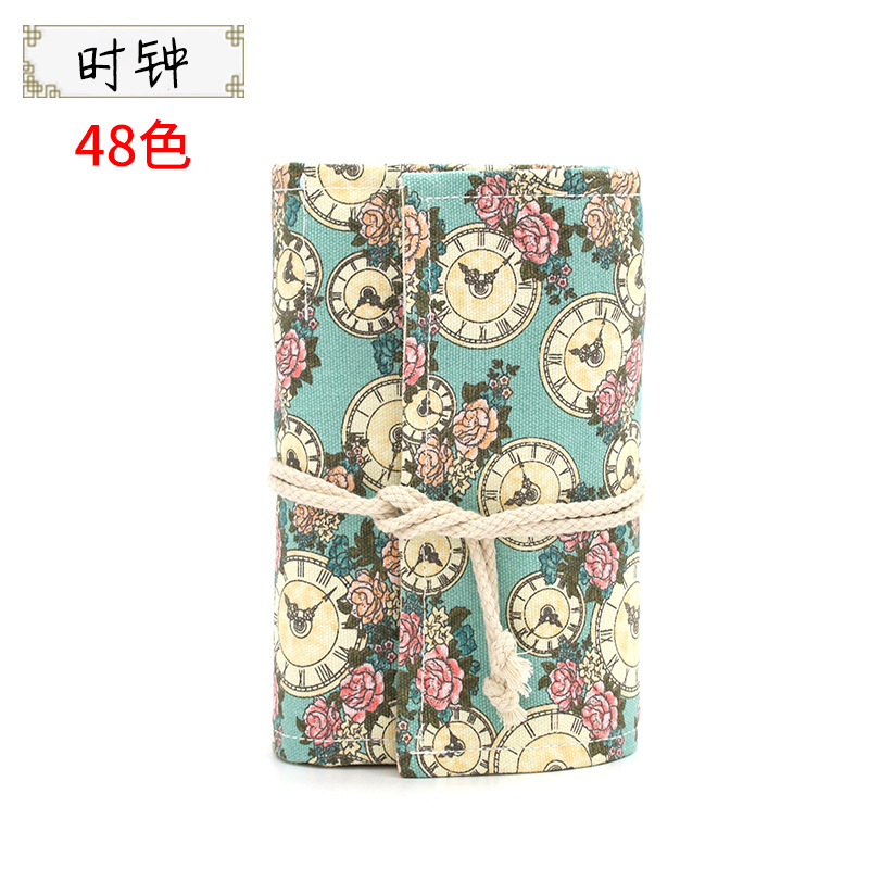 48色可擦卷帘彩铅套装帆布笔帘复古卡通三角杆送橡皮卷笔刀定制