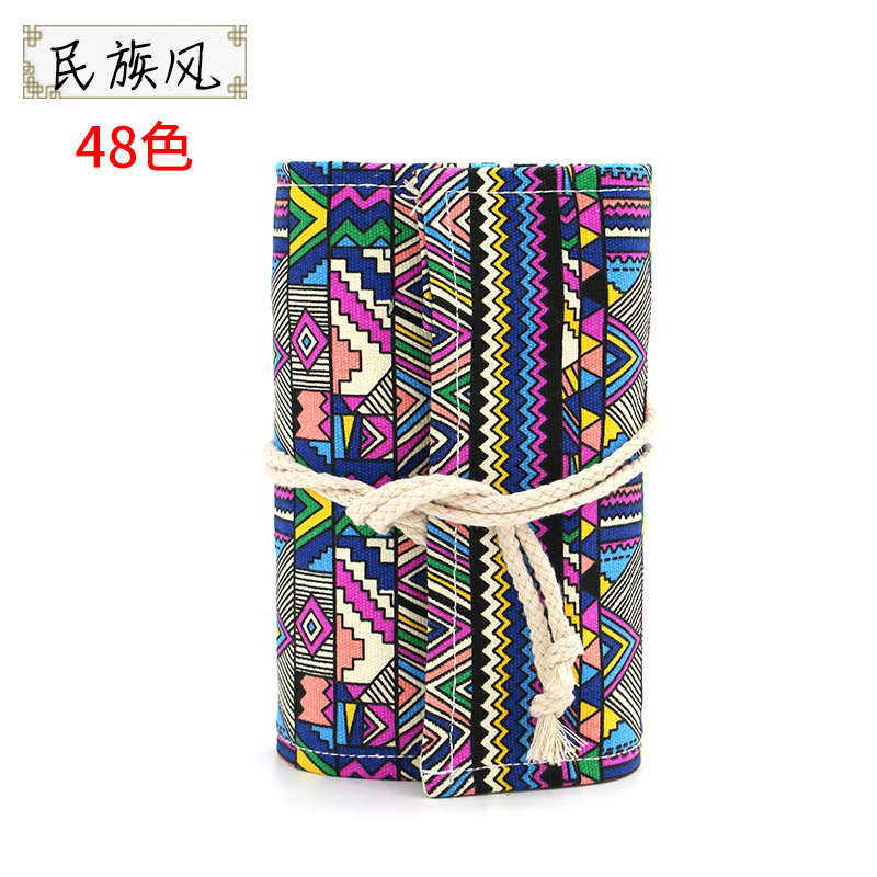48色可擦卷帘彩铅套装帆布笔帘复古卡通三角杆送橡皮卷笔刀定制