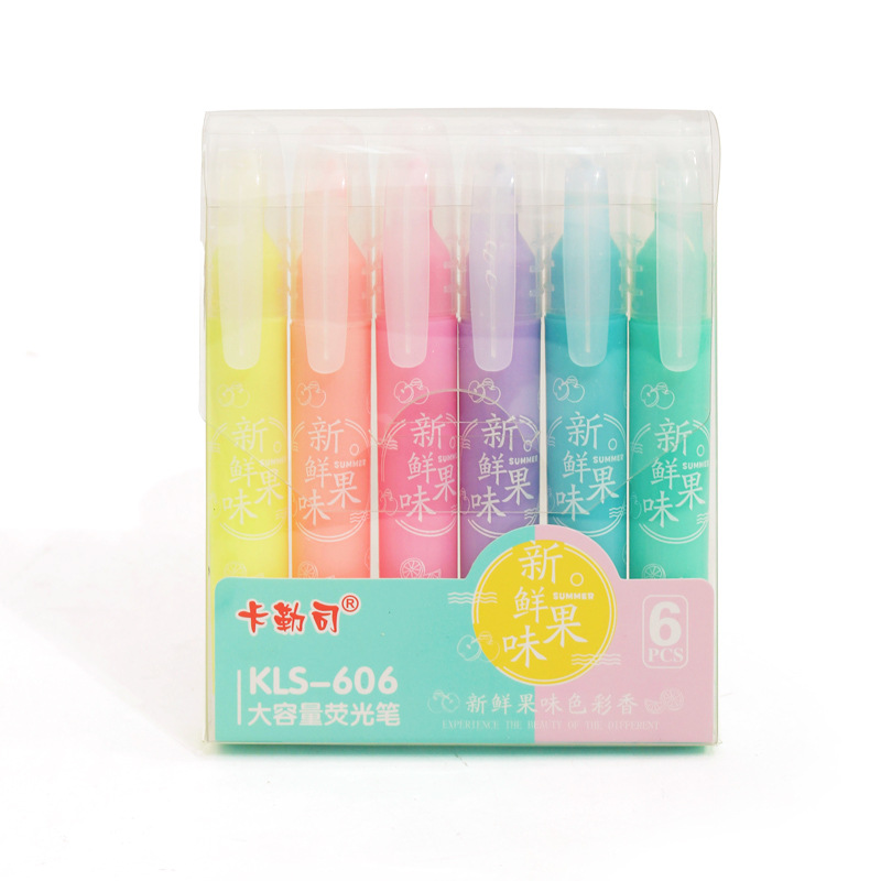6色果味大容量荧光笔 轮廓笔 彩色记号笔涂重点文具批发 标记笔