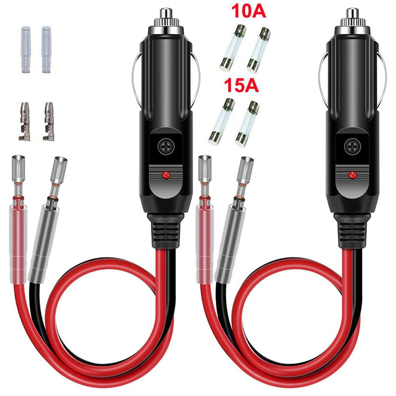 2件 12V 24熔合点烟器插头公插头带引线LED灯16AWG 15A保险丝 1FT