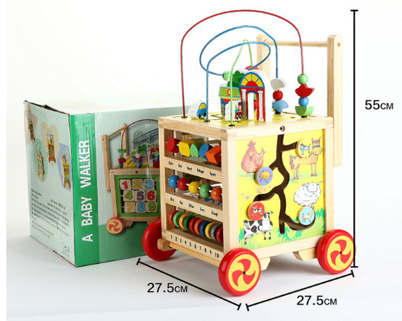 New Wooden Children's Walking Cart Baby Walker Multifunctional Speed Control Wooden Puzzle with Beads on All Sides