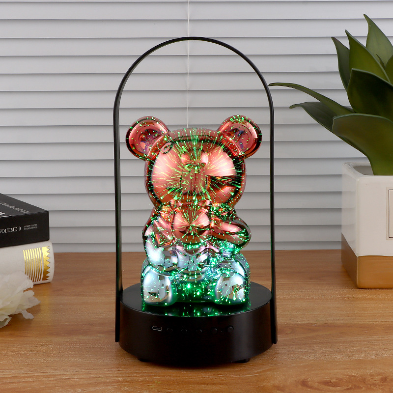 烟花小熊灯厂家直供手提便携式蓝牙音箱可旋转七彩变光无线台灯