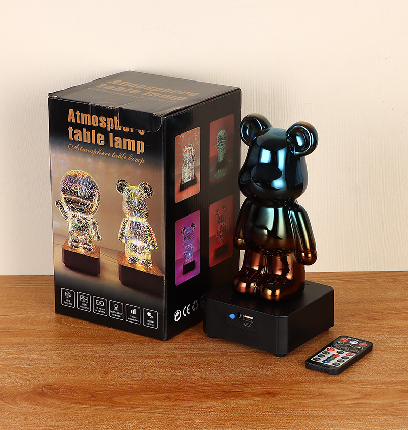 新款暴力熊七彩蓝牙遥控音箱3D创意玻璃小夜灯氛围礼品炫彩灯