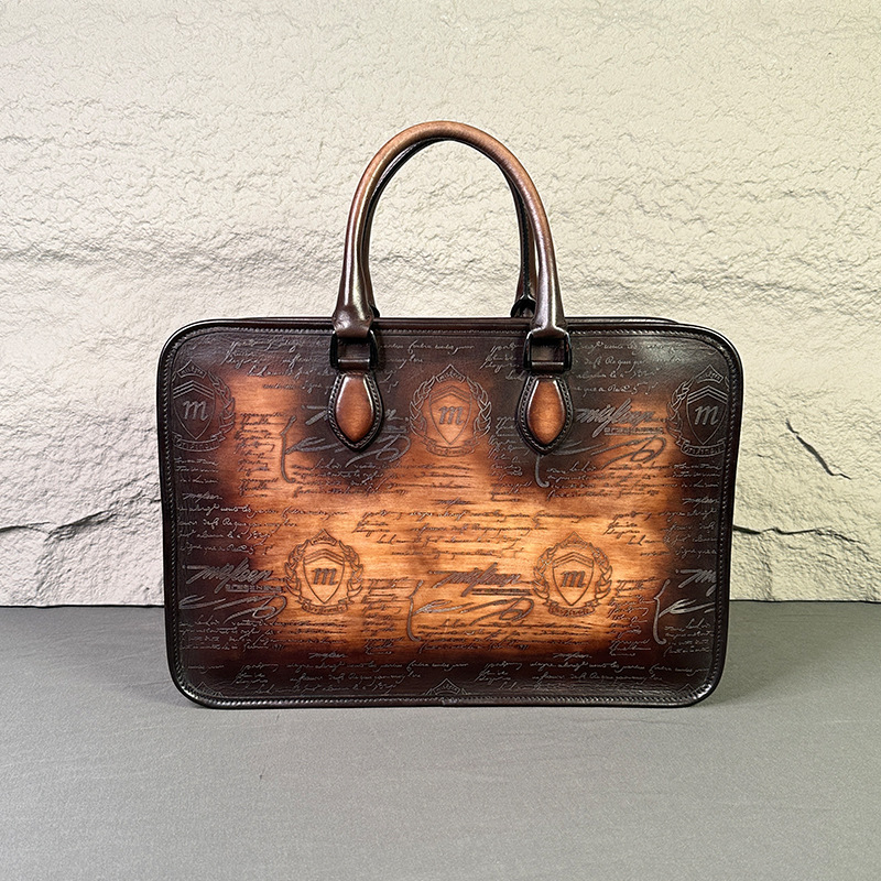 手提公文包男士2023古法纯手工擦色手提包意大利牛皮单肩斜挎包