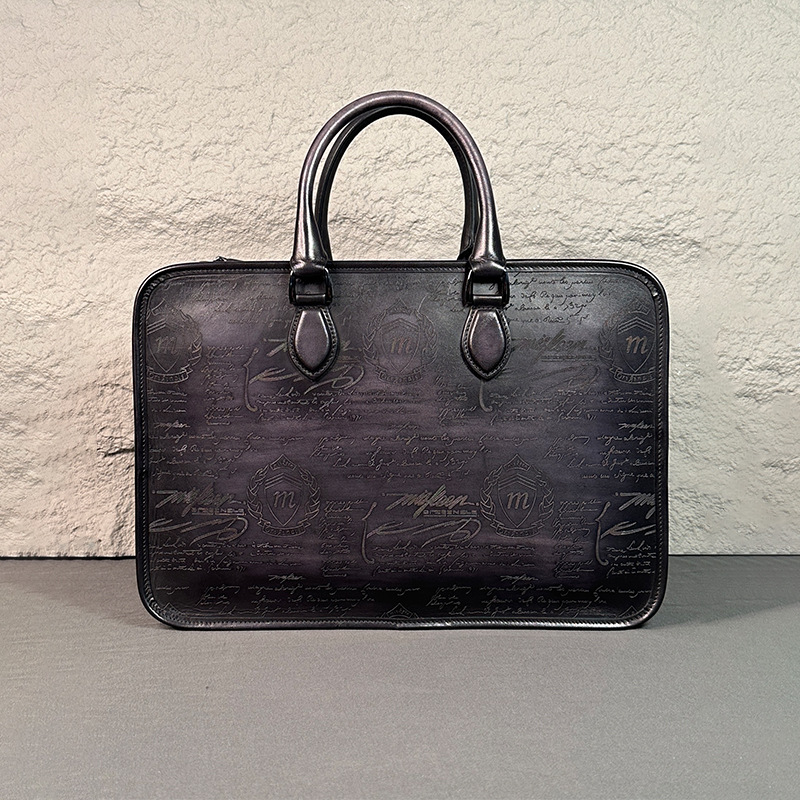 手提公文包男士2023古法纯手工擦色手提包意大利牛皮单肩斜挎包