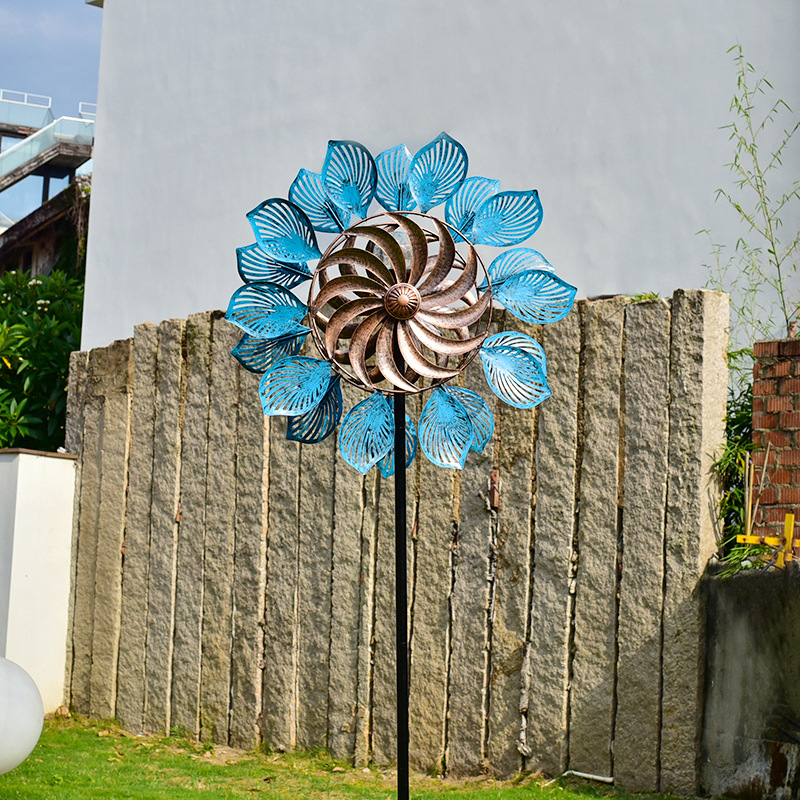 现货批发太阳能铁艺双面彩色旋转风车户外花园别墅园林景观装饰