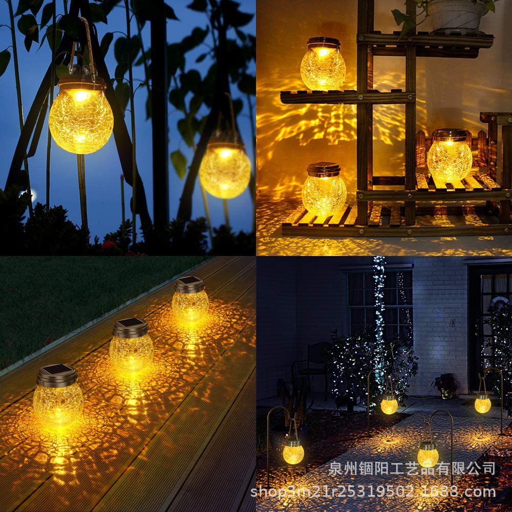 太阳能玻璃裂纹球麻绳悬挂手提灯 户外庭院花园草坪装饰景观灯