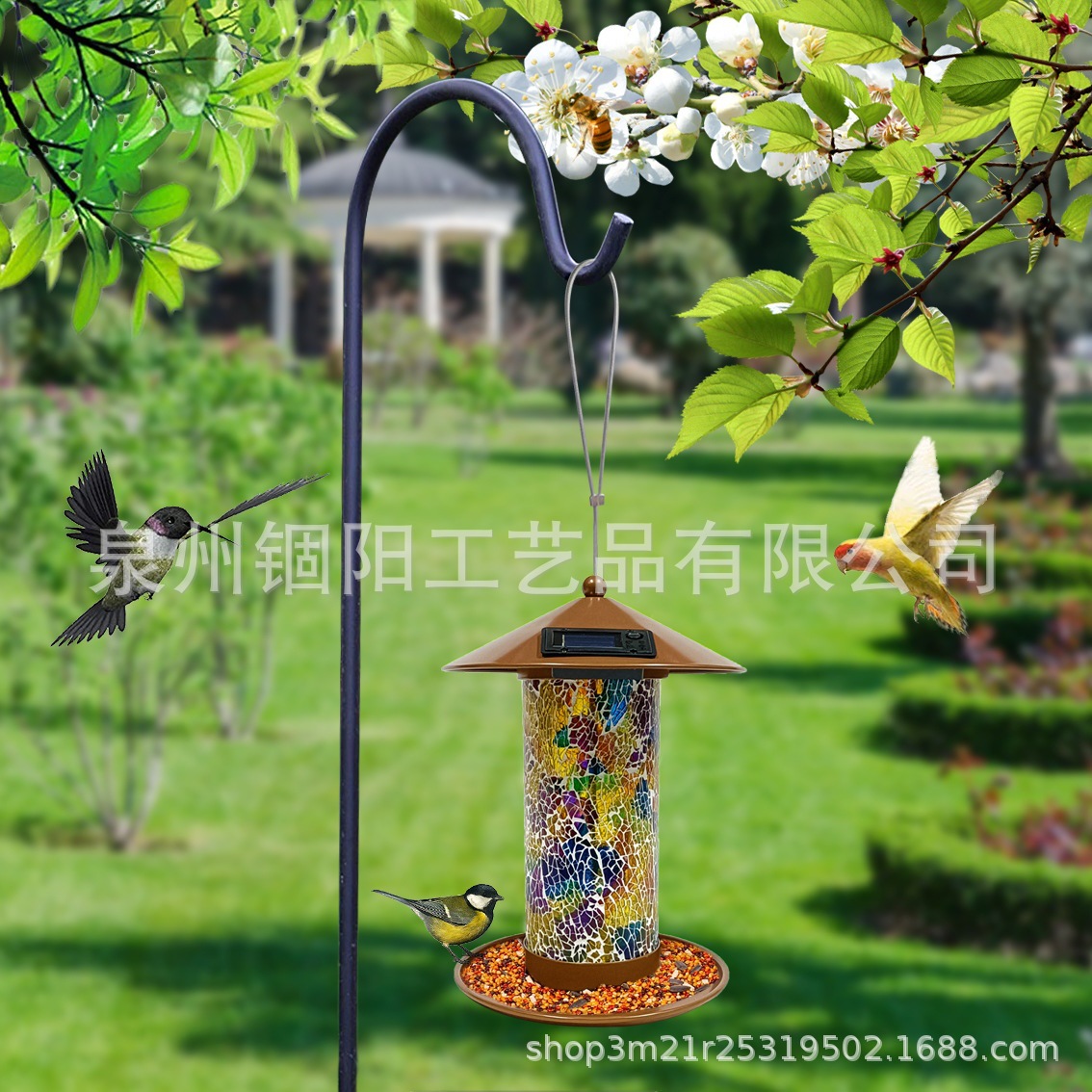 跨境新款太阳能铁艺金属喂鸟器太阳能铁艺镂空悬挂景观灯喂鸟器灯