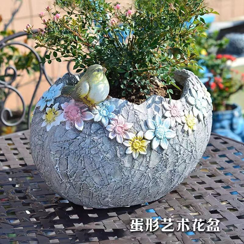亚马逊轻奢创意蛋壳花盆绿植花篮户外园林庭院花园装饰摆件工艺品