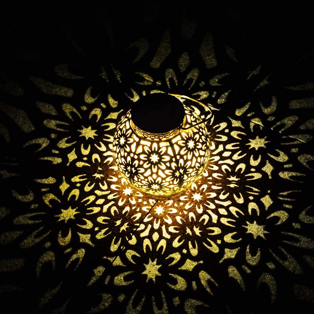 亚马逊户外创意太阳能灯笼花园庭院铁艺镂空装饰投影灯悬挂手提灯