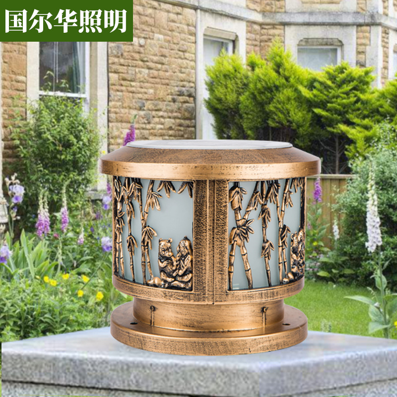 厂家直销欧式庭院围墙柱灯景观会所压铸铝圆竹熊太阳能柱头灯户外