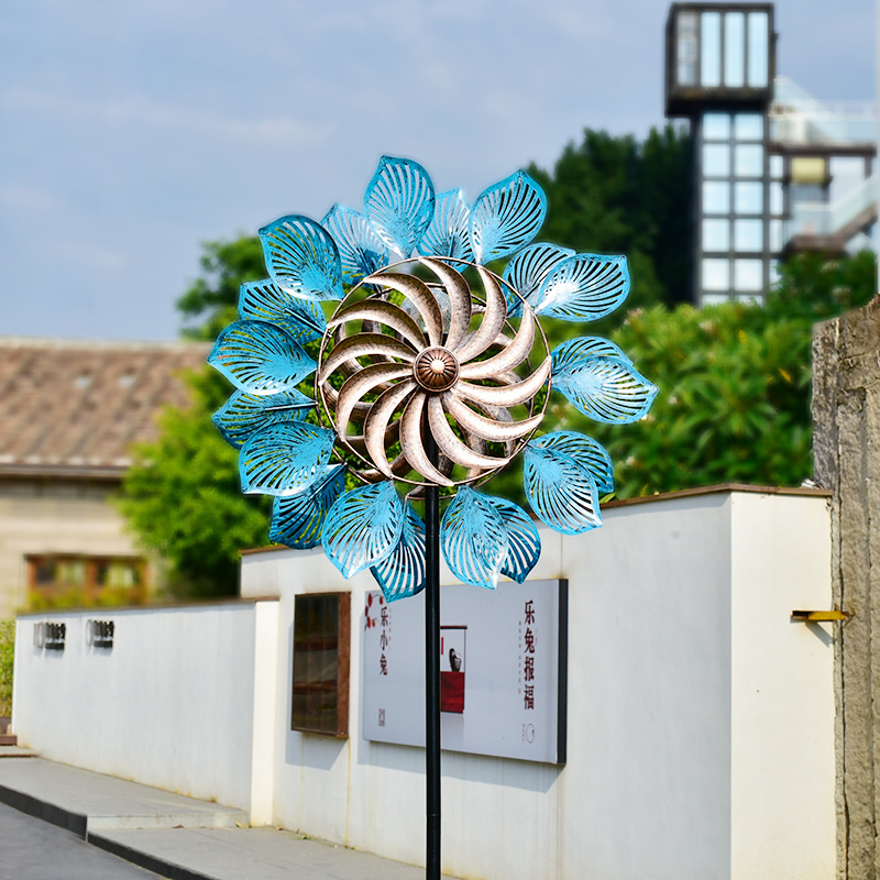 跨境新款户外太阳能铁艺树叶双面旋转风车花园庭院创意景观装饰品