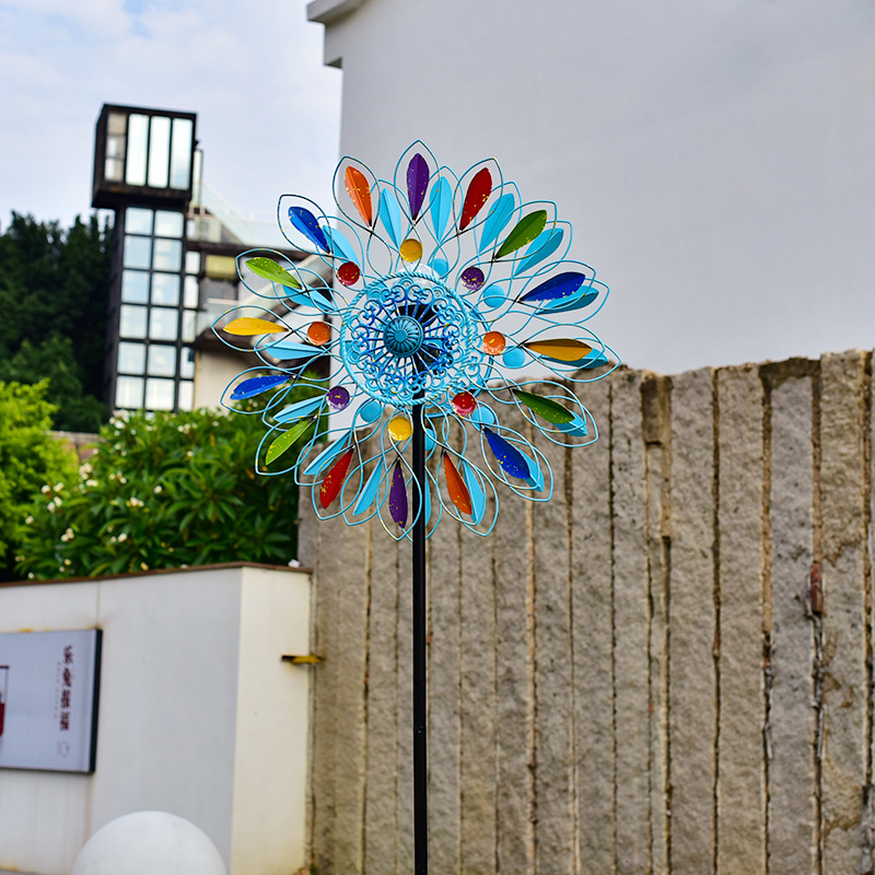 跨境新款户外太阳能铁艺树叶双面旋转风车花园庭院创意景观装饰品