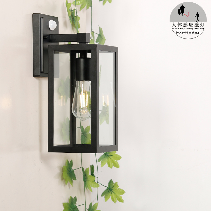 人体感应壁灯正方形简约铁艺墙壁灯楼梯过道跨境智能感应户外壁灯