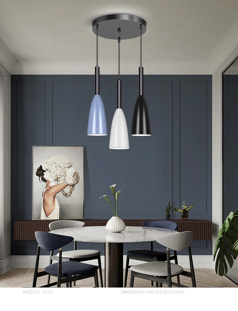 北欧黑白灰马卡龙色三头铁艺餐厅吊灯个性玄关吧台灯床头小吊灯