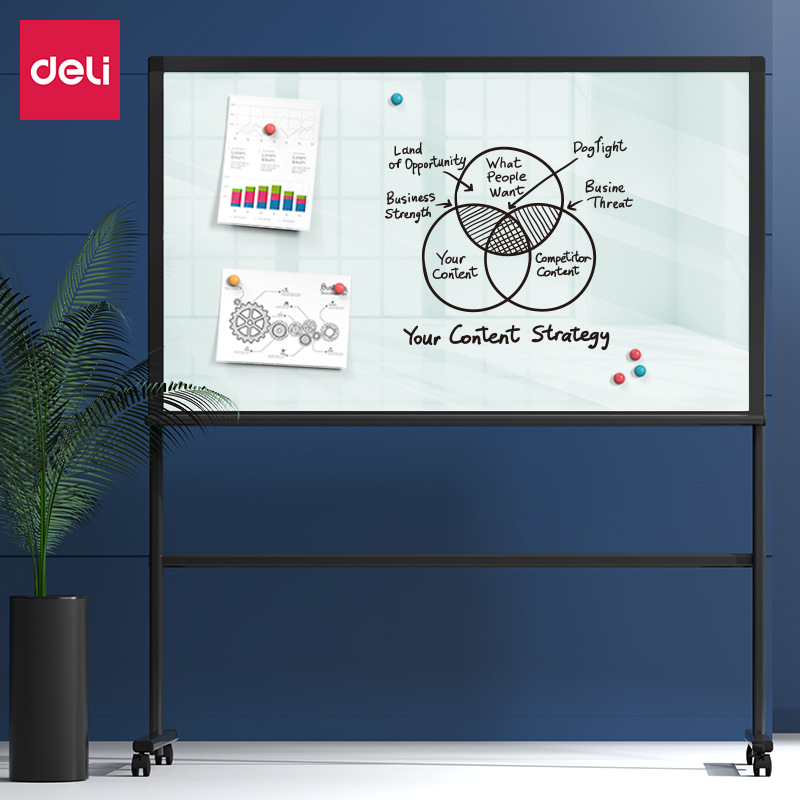 Deli 8737 magnetic tempered glass whiteboard with scratch resistance and smooth writing for office, home, conference, and writing board with shelves