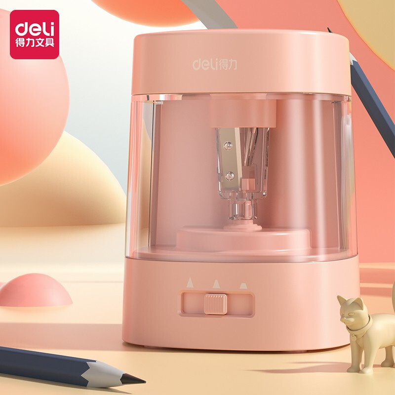 得力电动削笔机儿童全自动削笔器双电源粗细可调卷笔刀文具批发