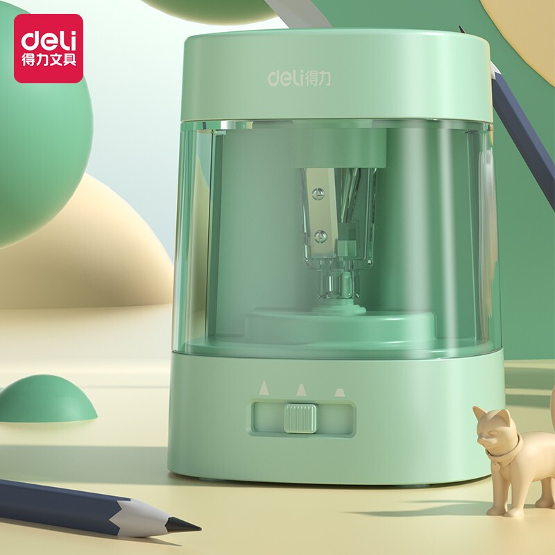 得力电动削笔机儿童全自动削笔器双电源粗细可调卷笔刀文具批发