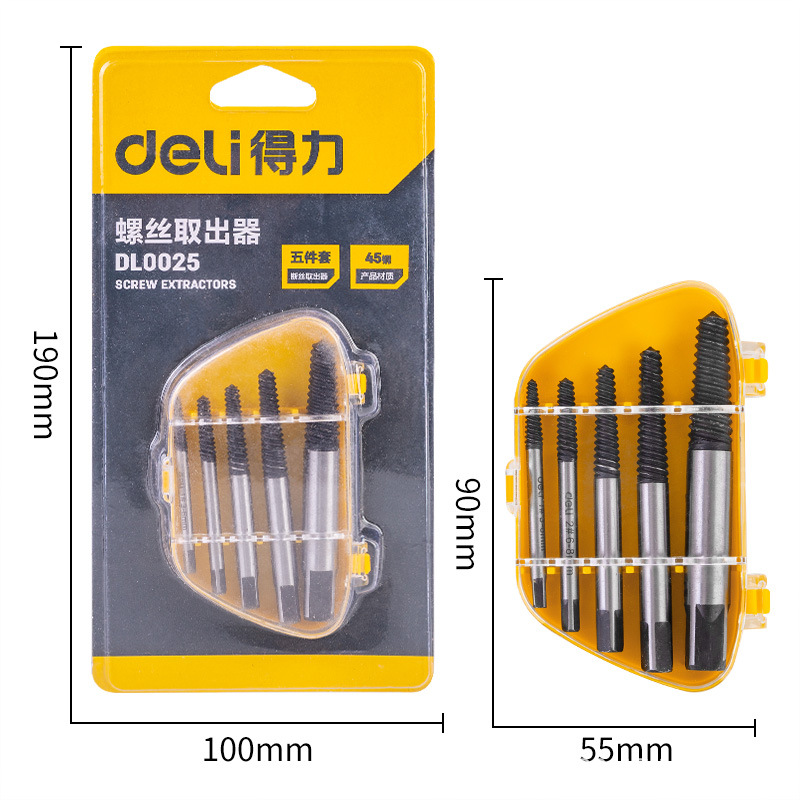 Deli Tool Broken Thread Screw Extractor Set Universal Thread Lifting Tool Screw Extractor DL0025/0026