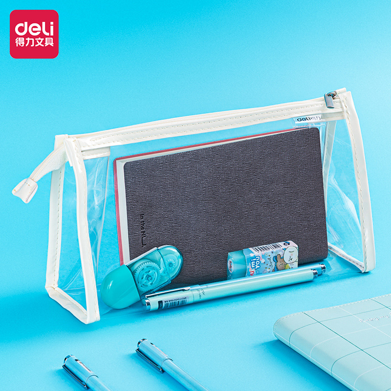 得力透明考试笔袋大容量小学生可爱简约防水中考高考学生文具收纳