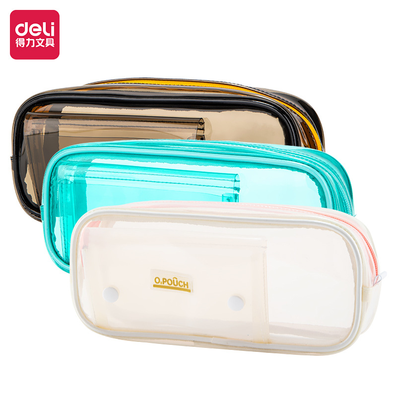 得力66931简约轻氧复合型多用途笔袋学生透明大容量铅笔袋文具盒
