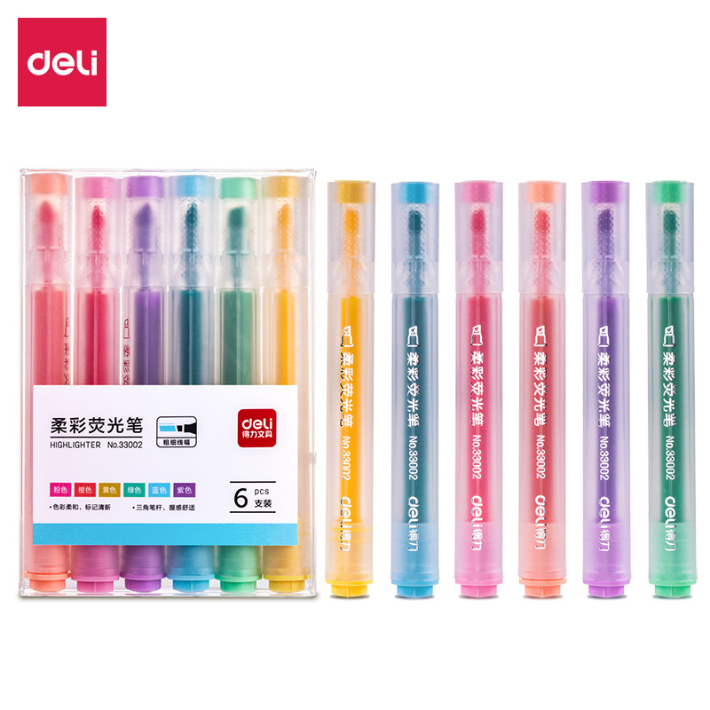 得力33002荧光笔6色套装大容量彩色马卡龙莫兰迪淡色学生用记号笔