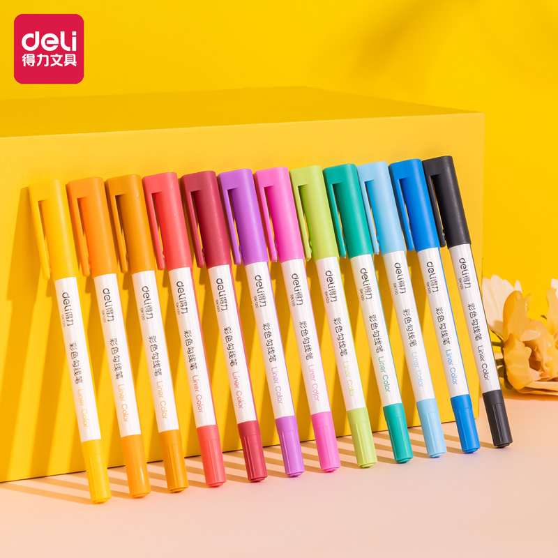 得力SK120彩色勾线笔简约时尚学生儿童幼儿园手工绘画双头记号笔