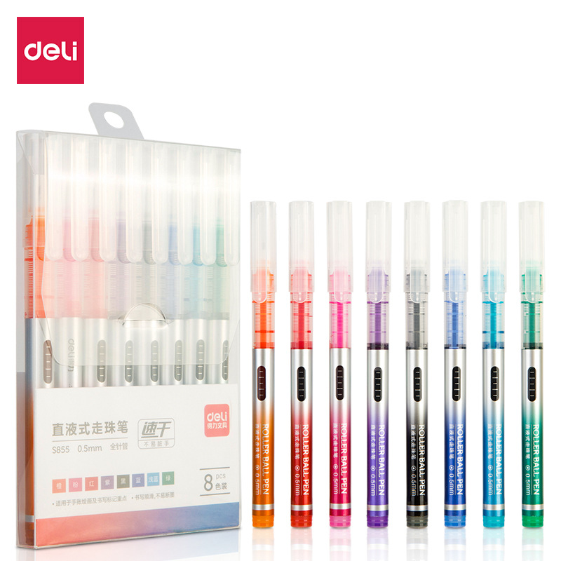 Deli S855 Colored Straight Liquid Pen, Straight Liquid Ball Pen, Student Neutral Pen, 0.5mm Signature Pen, 8 Colors/Box