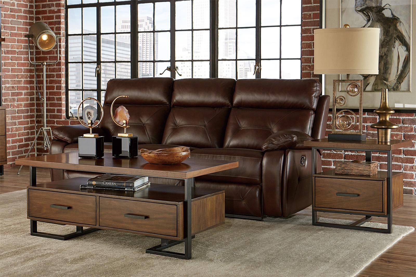 现代设计独特的框架 1 件咖啡桌，带抽屉胡桃木饰面木材和质朴的黑色金属饰面客厅家具