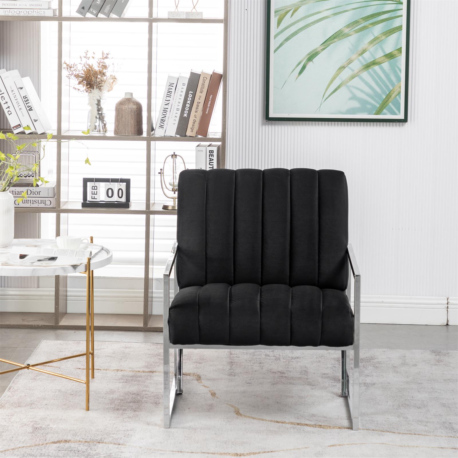 天鹅绒垂直条纹扶手椅金色金属框架装饰椅，适用于客厅、卧室（黑色）