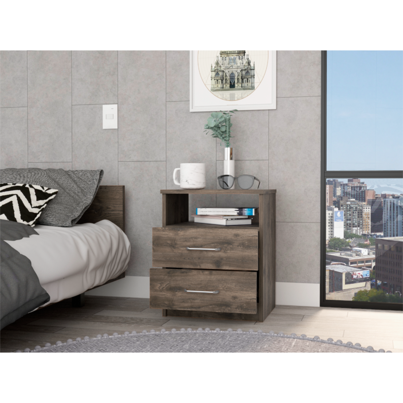 DEPOT E-SHOP 萨兰托床头柜，两个抽屉，一个搁板，高级台面，深棕色