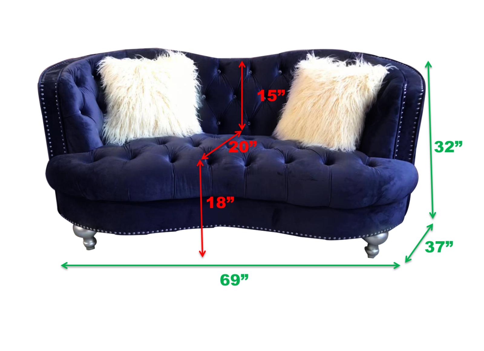 Afreen 纽扣簇绒 2 件沙发套装，蓝色天鹅绒织物内饰