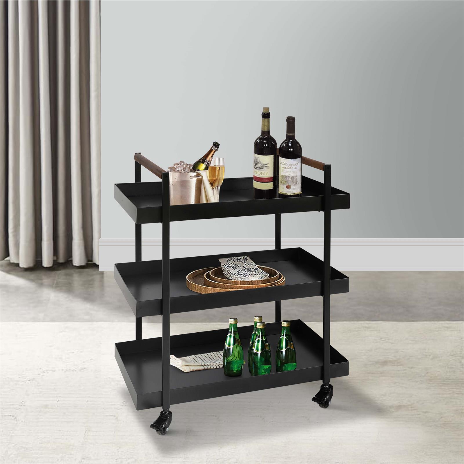3 层酒吧推车，带托盘搁板、金属框架和凸起边缘，黑色