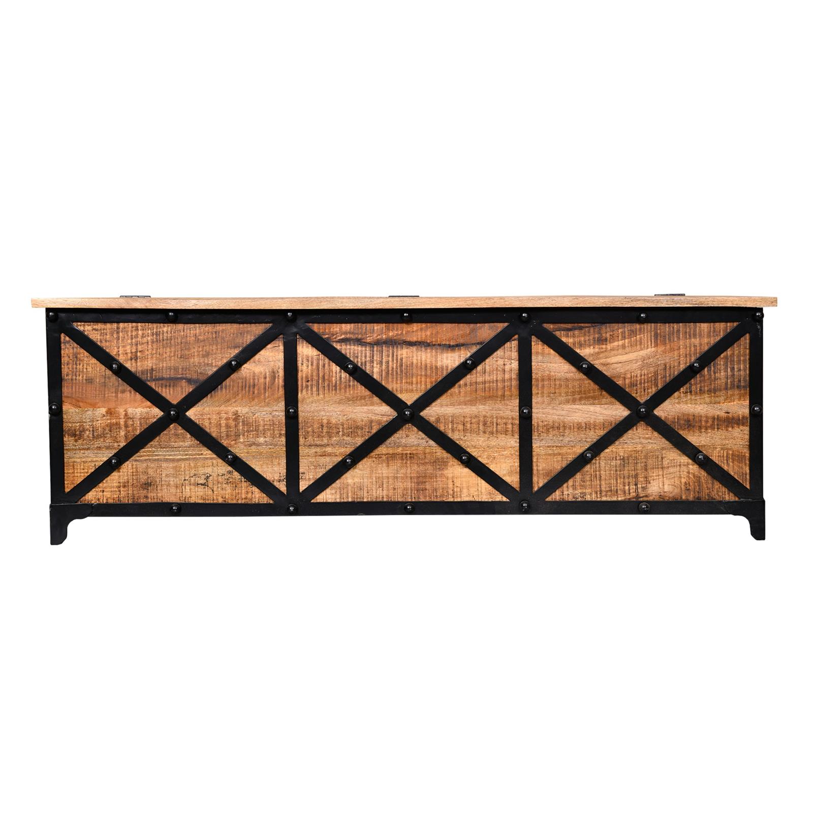 Daz 54 英寸矩形芒果木咖啡桌，带内置储物箱，金属，铆钉装饰，棕色，黑色