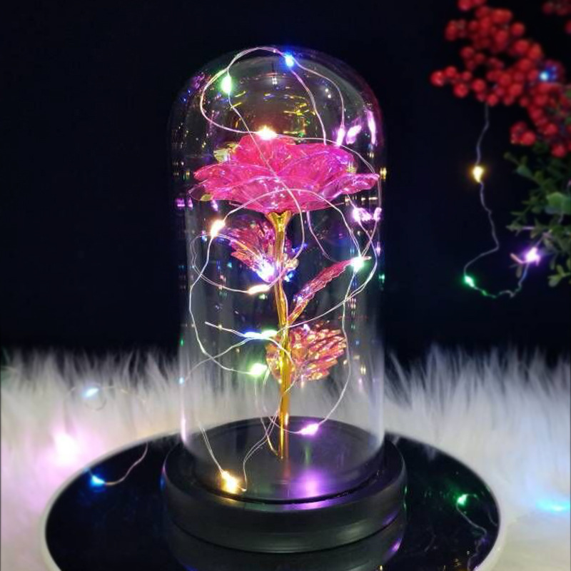 跨境圣诞节装饰爆款礼物LED灯玻璃罩摆件金箔玫瑰花礼盒永生玫瑰