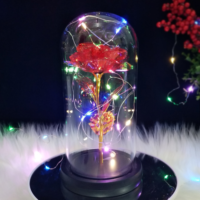 跨境圣诞节装饰爆款礼物LED灯玻璃罩摆件金箔玫瑰花礼盒永生玫瑰