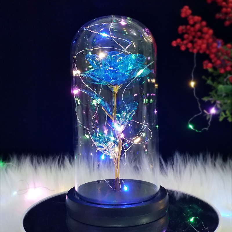 跨境圣诞节装饰爆款礼物LED灯玻璃罩摆件金箔玫瑰花礼盒永生玫瑰