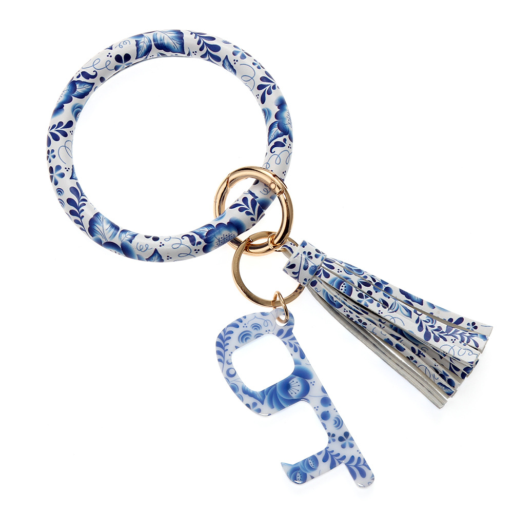 皮革无接触手镯钥匙扣豹纹流苏手环钥匙圈亚克力开门器青花瓷无接触钥匙扣皮革手环B24-0104
